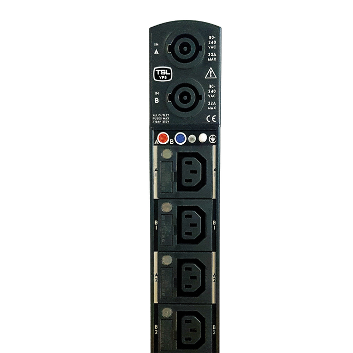 Vertical power distribution unit with dual (A+B) 32A inlets