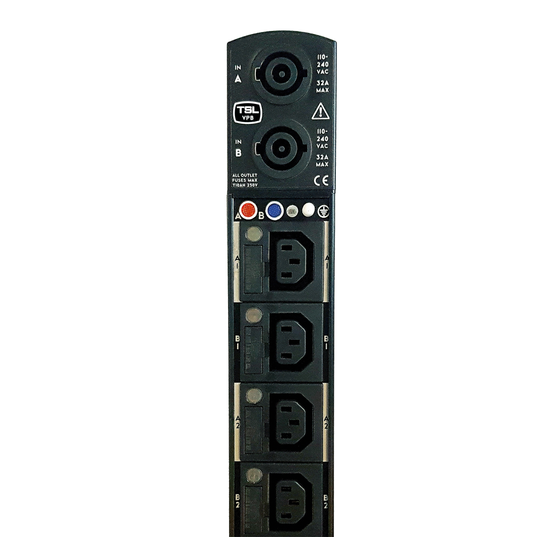 Vertical power distribution unit with dual (A+B) 32A inlets